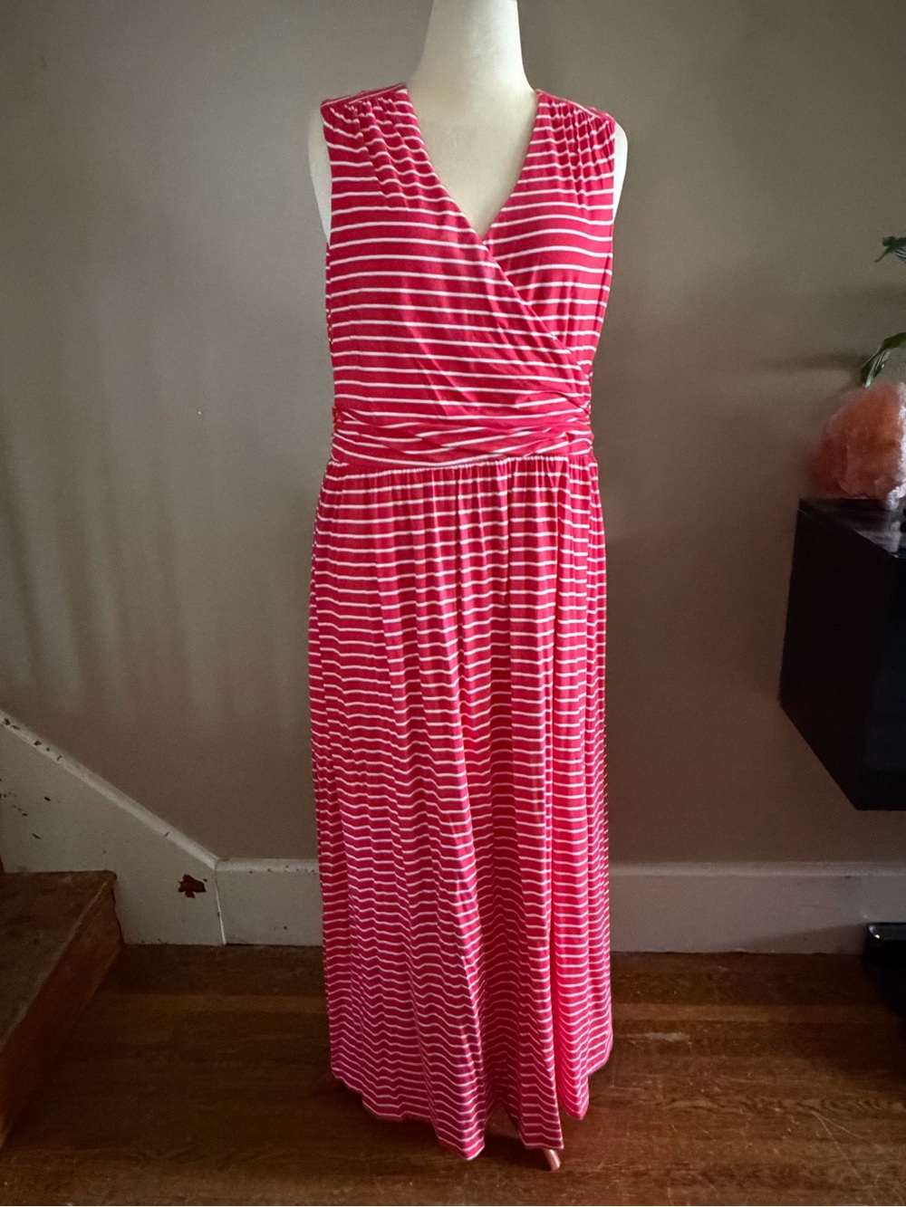 Land’s End Sleeveless Red & White Striped Maxi Dress Faux Wrap Size L GUC